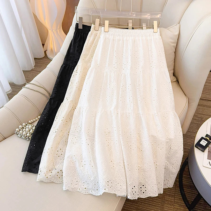 Ladies Black White Temperament Long Skirt Spring Summer Beige Embroidery Hollow Out A-line Skirts For Women Clothing Streetwear