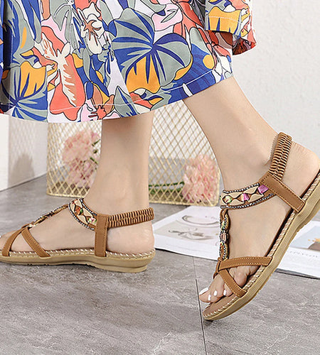 Women's Sandals Bohemia Style Gemstone Sandals Summer 2025 Low Heels Shoes Woman Beach Footwear Summer Shoes Sandalias De Mujer