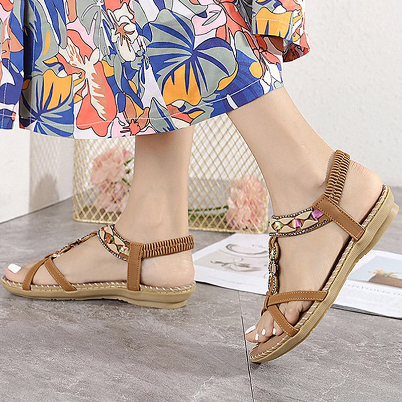 Women's Sandals Bohemia Style Gemstone Sandals Summer 2025 Low Heels Shoes Woman Beach Footwear Summer Shoes Sandalias De Mujer
