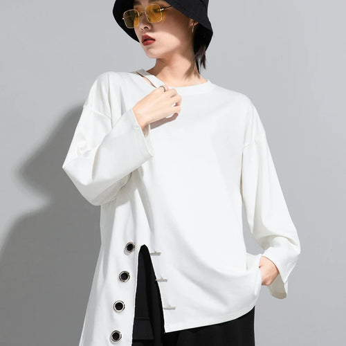 Load image into Gallery viewer, Women Black Asymmetrical Stitch Big Size T-shirt New Round Neck Long Sleeve  Fashion Tide  Spring Autumn 2025 1S190
