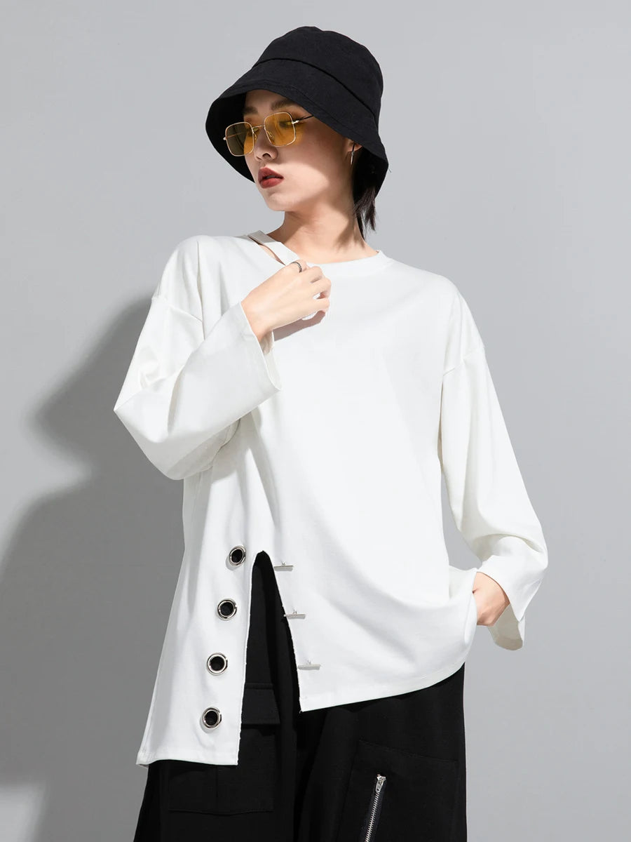 Women Black Asymmetrical Stitch Big Size T-shirt New Round Neck Long Sleeve  Fashion Tide  Spring Autumn 2025 1S190