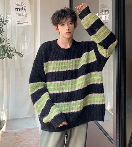 Striped Sweater Men Round Collar Loose knitted Fashion Trend Contrast Color Male Pullover Top 2024 Winter Korean 9C3682
