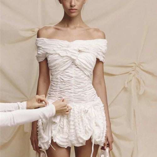 Load image into Gallery viewer, Sexy Off-shoulder Sleeveless Pleated A-line Mini Dress For Women Patchwork Slim Fit Summer Robe High Waist Party Dress
