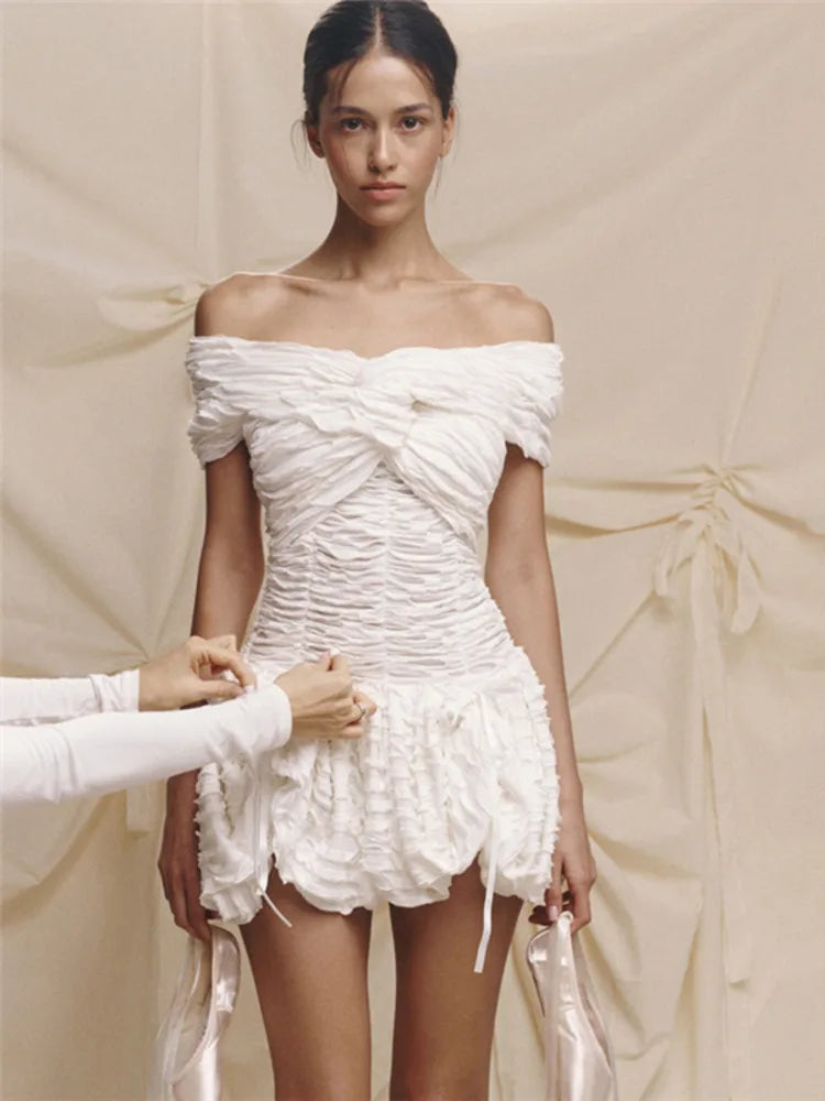 Sexy Off-shoulder Sleeveless Pleated A-line Mini Dress For Women Patchwork Slim Fit Summer Robe High Waist Party Dress