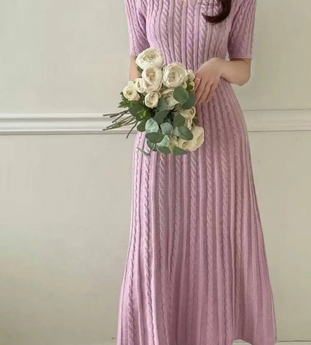 Summer Blue Pink Short Sleeve Twists Knitted Dress For Women White V Neck Slim Holiday Long Dress 2025 Simplicity Fashion Casual