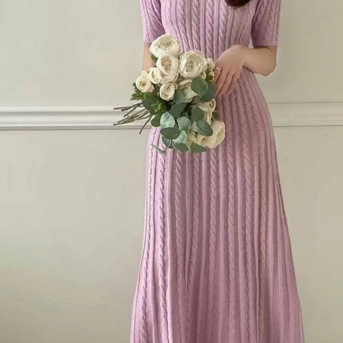 Load image into Gallery viewer, Summer Blue Pink Short Sleeve Twists Knitted Dress For Women White V Neck Slim Holiday Long Dress 2025 Simplicity Fashion Casual
