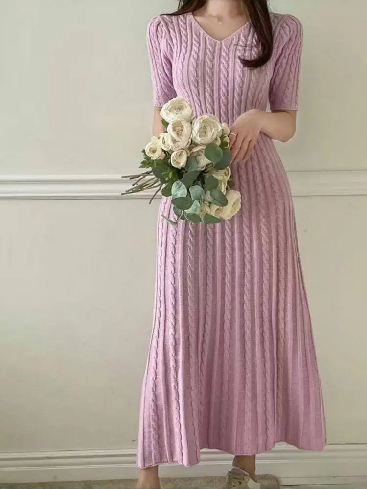 Summer Blue Pink Short Sleeve Twists Knitted Dress For Women White V Neck Slim Holiday Long Dress 2025 Simplicity Fashion Casual
