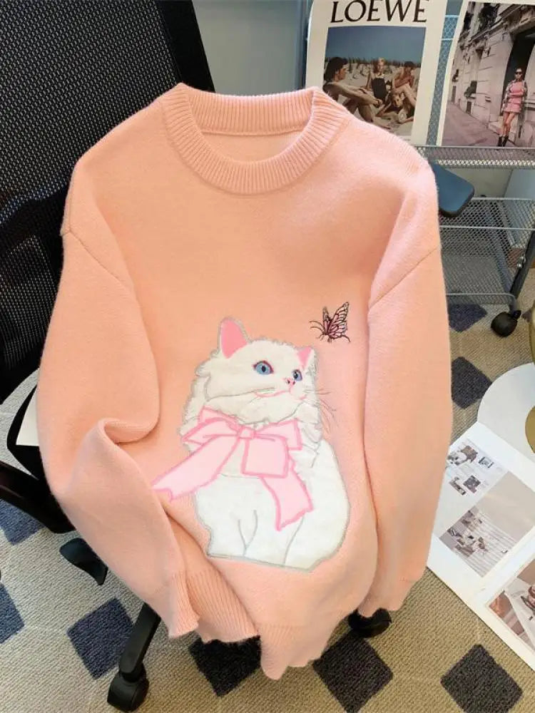 French Women's Print Cute Cat Pattern Long Sleeve Round Neck Sweater Autumn Winter Elegant Festival Knitted Thick Pullover Tops