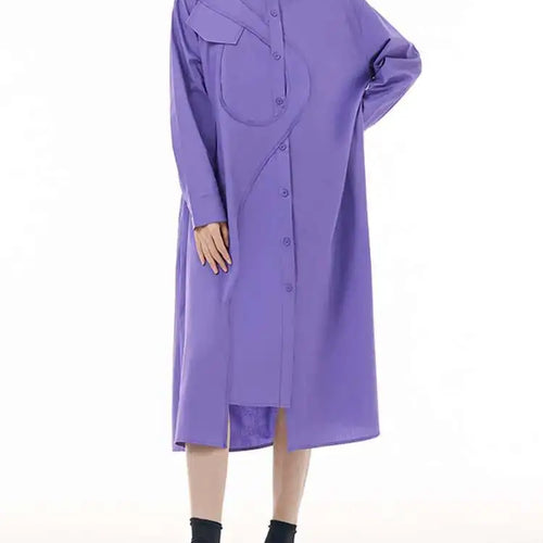 Load image into Gallery viewer, Women Purple Irregular Spliced Big Size Shirt Dress New Lapel Long Sleeve Loose Fit Fashion Spring Autumn 2025 1DH0654
