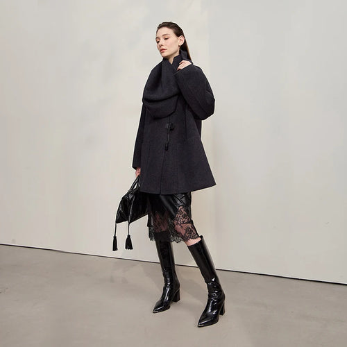 Load image into Gallery viewer, Women's Skirt 2025 Autumn New Minimalist Versatile Clothing Ladies Leather Splicing Lace Solid A-line Midi Skirt 12543095
