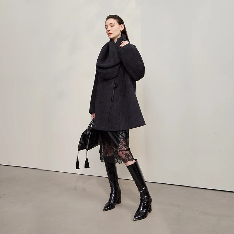 Women's Skirt 2025 Autumn New Minimalist Versatile Clothing Ladies Leather Splicing Lace Solid A-line Midi Skirt 12543095