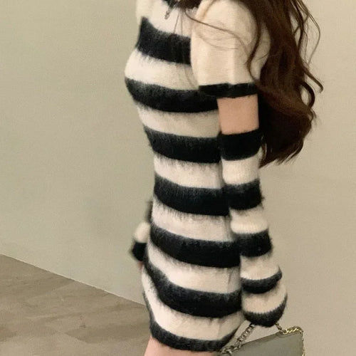 Load image into Gallery viewer, Knitted Sweater Striped Mini Bodycon Dress Women Autumn Winter Korean Style Kpop Casual Streetwear Short Dresses
