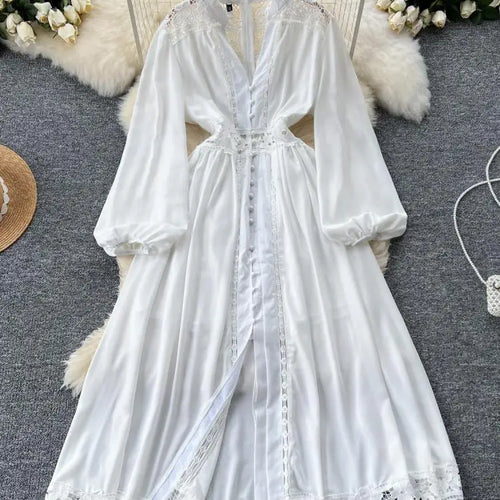 Load image into Gallery viewer, Vintage Women White Patchwork Lace Elegant High Waist Dresses Autumn Round Neck Long Sleeve Single Breasted Evening Party Dress
