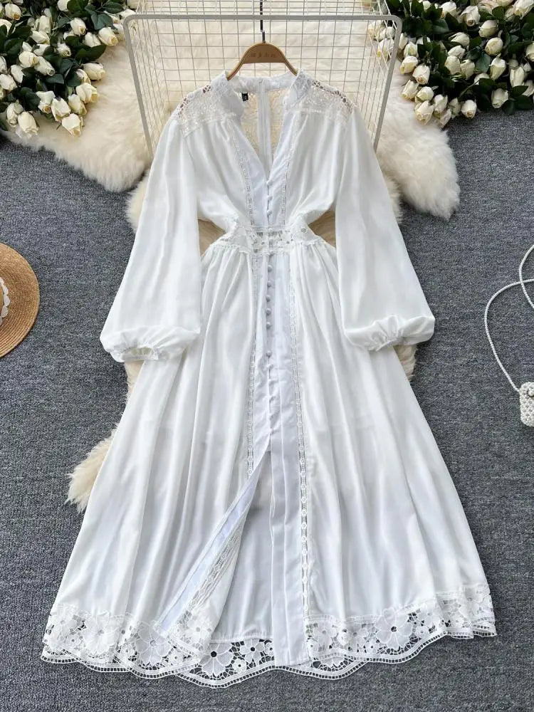 Vintage Women White Patchwork Lace Elegant High Waist Dresses Autumn Round Neck Long Sleeve Single Breasted Evening Party Dress