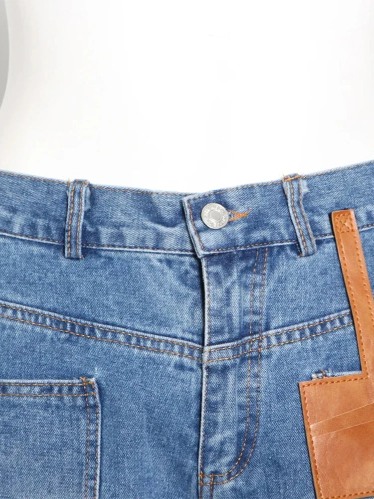 Casual Patchwork Pocket Jeans For Women High Waist Spliced Button Minimalist Straight Trousers Female Fashion Style