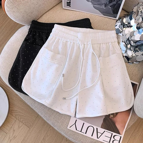 Load image into Gallery viewer, New Black White Diamond Shorts For Women Spring Summer Fashion Elastic Waist Drawstring Lace-up A-line Wide Leg Short Pant
