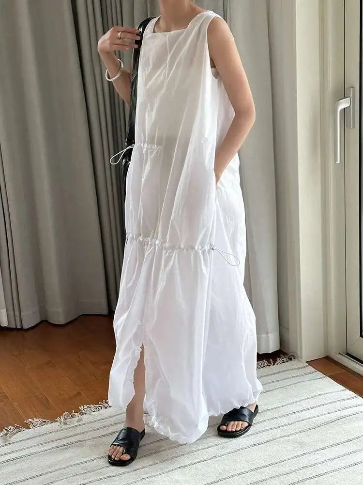 Women White Gray Big Size Long Elegant Thin Dress New Square Collar Sleeveless Fashion Tide Spring Summer 2025 1DH6054