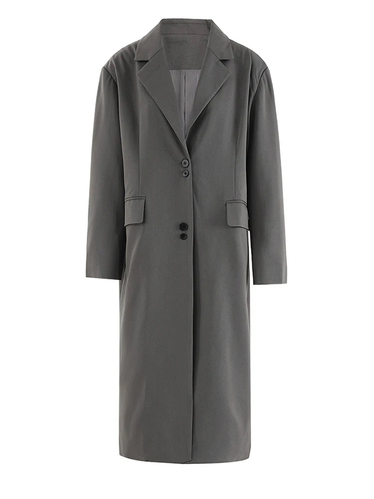 Women Gray Button Design Big Size Long Elegant Blazer New Lapel Long Sleeve Jacket Fashion Tide Spring Autumn 2025 CPDB250