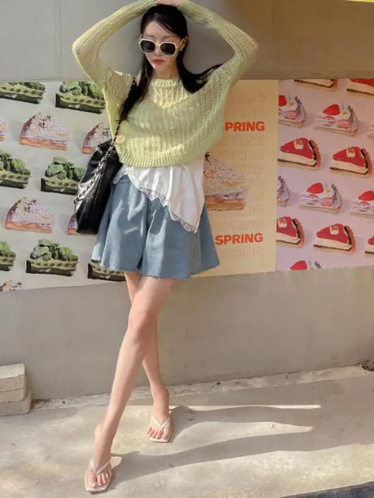 Black Washed Wide-leg Denim Shorts Woman All-match Blue Streetwear Fashion Casual Button Pockets High Waist Summer Korean Style