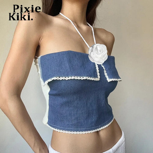 Load image into Gallery viewer, 3d Flower Applique Halterneck Backless Camisole Tops for Women Blue Denim Patchwork Going Out Tops Y2k Clothes P71CZ12
