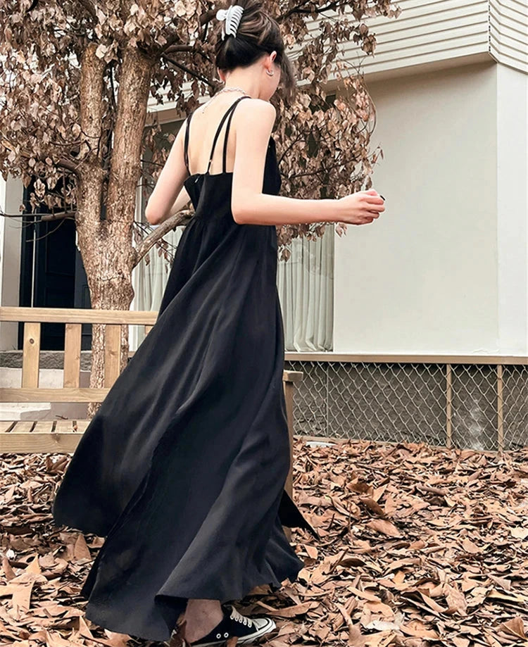 Summer V-neck Black Female Dresses Slim Sleeveless Pure Color High Street Fashion Dresses French Style Elegant Chic Dress