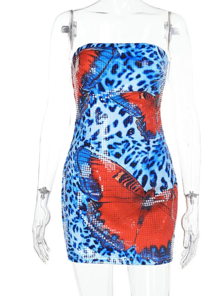 Sequins Off-shoulder Sexy Mini Dress Women Summer New Strapless Sleeveless Backless Beach Vacation Club Party Dress