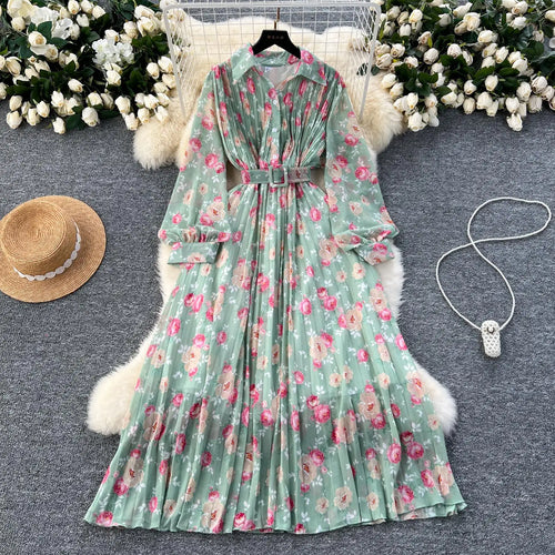 Load image into Gallery viewer, French Retro Romantic Women's Flower Lantern Long Sleeved Pleated Shirt Dress Autumn Print Birthday Party Evening Dress Bohemian
