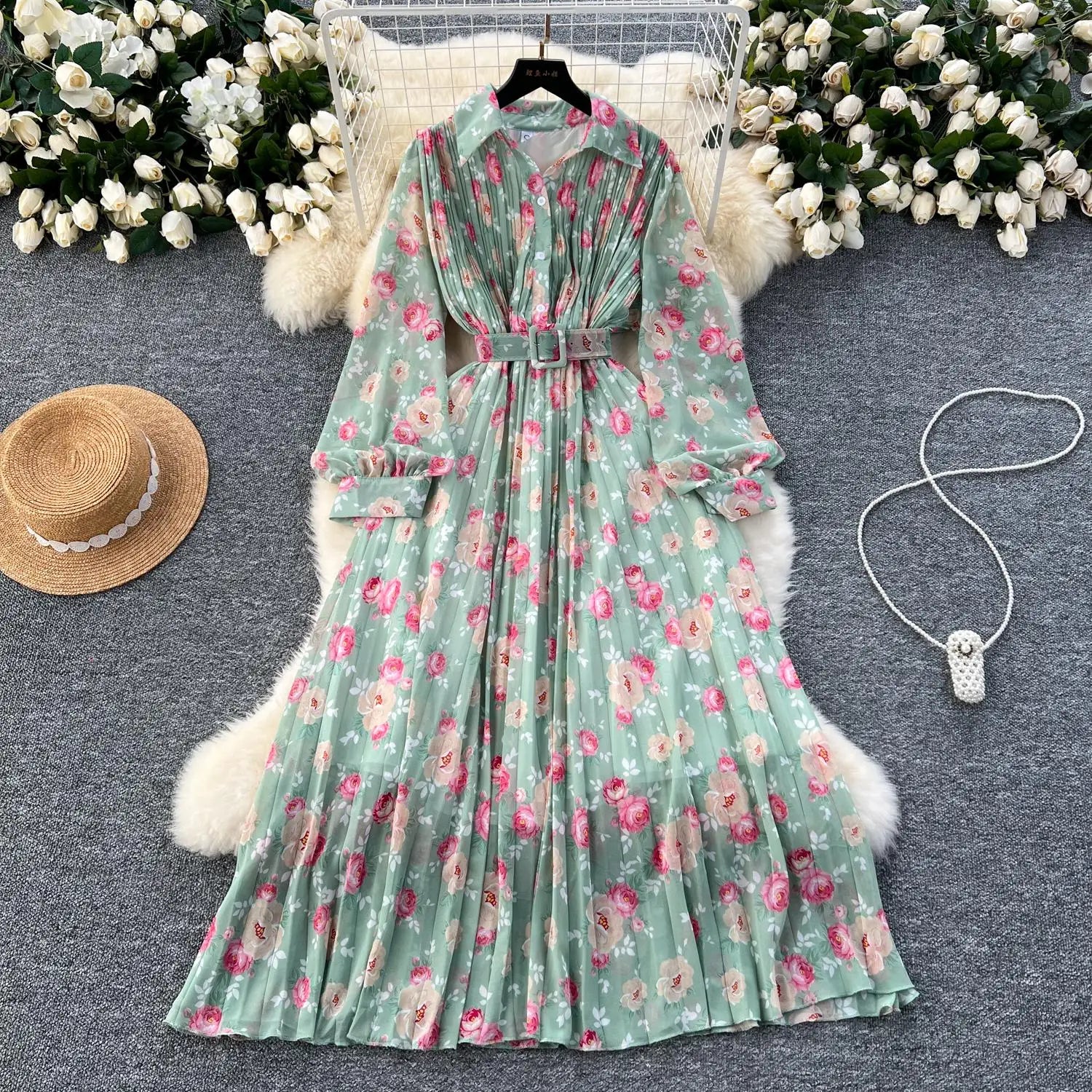 French Retro Romantic Women's Flower Lantern Long Sleeved Pleated Shirt Dress Autumn Print Birthday Party Evening Dress Bohemian