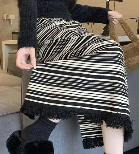 Vintage Women Black Beige Striped Tassel Elegant High Waist Party Long Skirt 2024 Autumn Winter Straight Wrap Hip Knitted Skirts