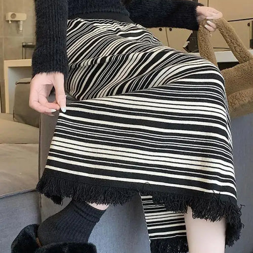 Load image into Gallery viewer, Vintage Women Black Beige Striped Tassel Elegant High Waist Party Long Skirt 2024 Autumn Winter Straight Wrap Hip Knitted Skirts
