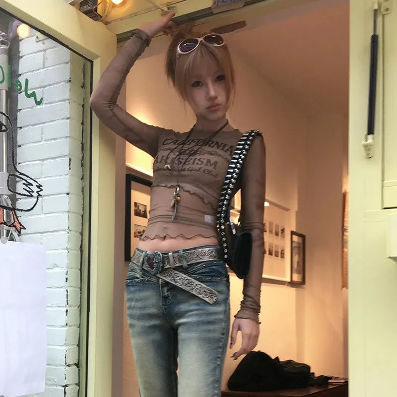 Japanese Y2k Mesh Tops Vintage Harajuku Letter Print Long Sleeve T-shirt 2000s Grunge Aesthetics Sheer Tops American 90s
