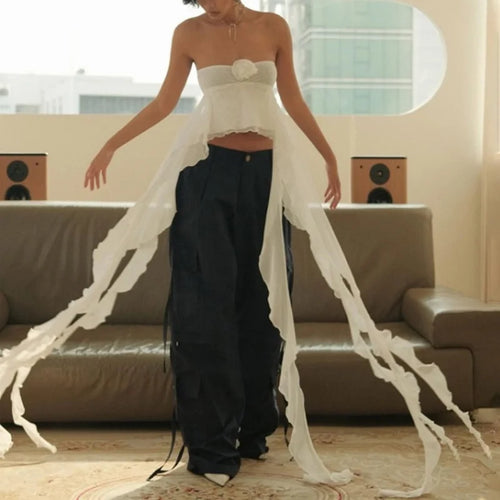 Load image into Gallery viewer, Strapless Tube Top y2k Clothes Women Solid Color 3D Flower Off Shoulder Sleeveless Irregular Ruffle Bandeau Streetwear
