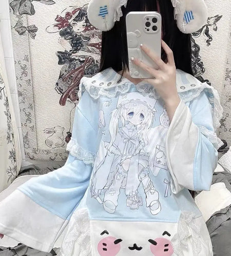 Japanese T Shirts Women Clothes Y2k Tops Sailor Collar Long Sleeve Loose Cartoon Tees Fashion Camisetas Anime Print Cute Tshirt