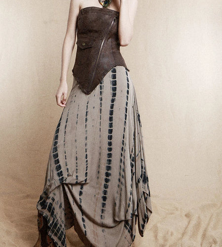 Women Brown Irregular Spliced Tie Dye Vintage Long Strapless Dress New Sleeveless Fashion Tide Spring Autumn 2025 1DH9375