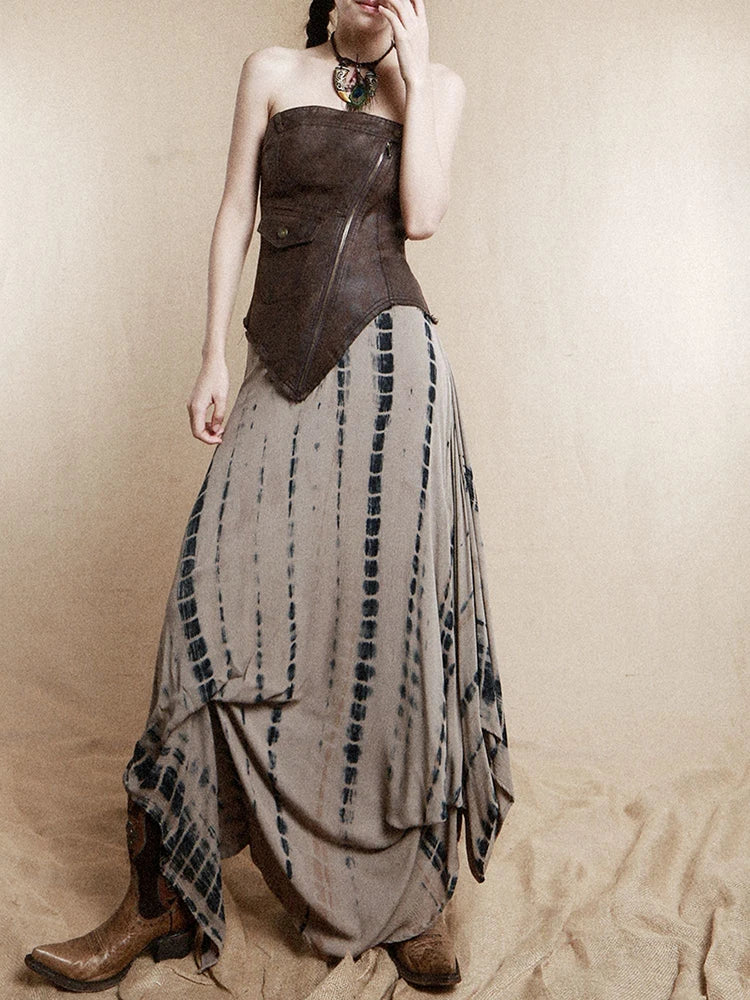 Women Brown Irregular Spliced Tie Dye Vintage Long Strapless Dress New Sleeveless Fashion Tide Spring Autumn 2025 1DH9375