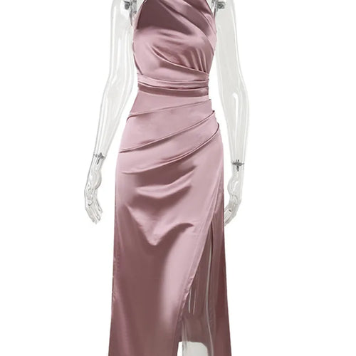 Load image into Gallery viewer, Satin Hanging Collar Sleeveless Split Slim Fit Dress Women Slim 2024 Summer New Long Dress Elegant Party Evening Dress
