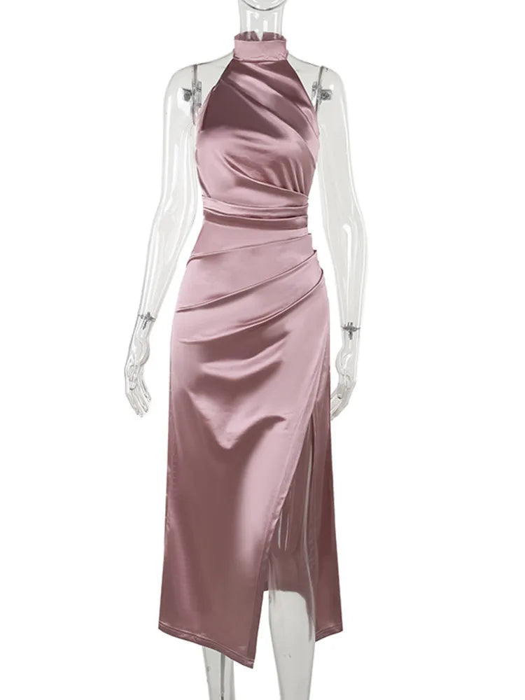 Satin Hanging Collar Sleeveless Split Slim Fit Dress Women Slim 2024 Summer New Long Dress Elegant Party Evening Dress