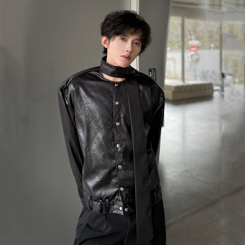 Men's Shirts Long Sleeve New Spring Ribbon Design Solid Color Loose Korean Style Single Breasted Shirt Personality 9W1757