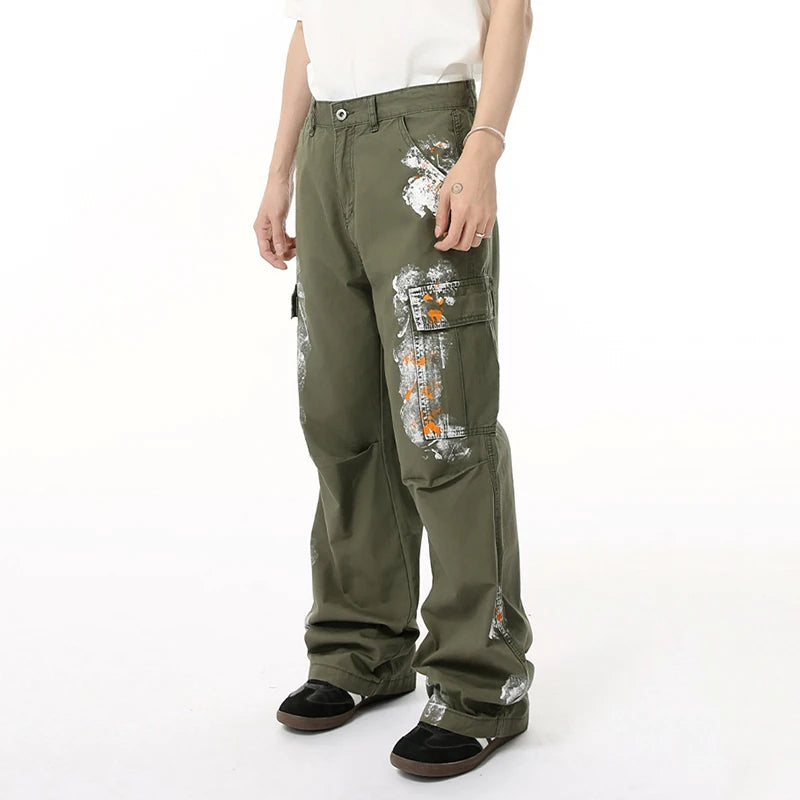 Men's Cargo Jeans New Summer American High Street Paint Design Multi Pockets Loose Male Bottoms Fold Design 2025 9W1685