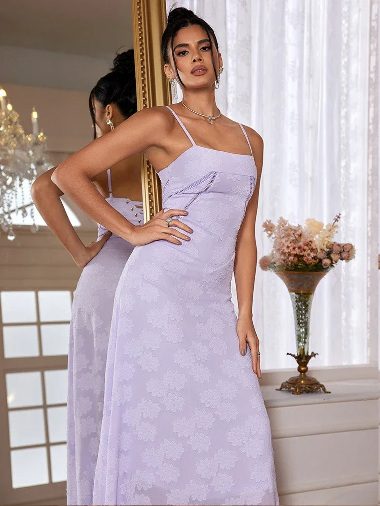 Summer Elegant Maxi Dress 2024 New Arrival Purple Spaghetti Strap Wedding Guest Dress Lace Up Party Dresses