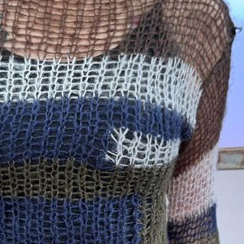 Load image into Gallery viewer, Gothic Hollow Out Knitted Sweater Women See Through Y2k Aesthetic Tops Contrast Color Stripe Pullover Grunge Streetwear Capes
