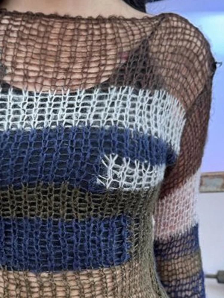 Gothic Hollow Out Knitted Sweater Women See Through Y2k Aesthetic Tops Contrast Color Stripe Pullover Grunge Streetwear Capes