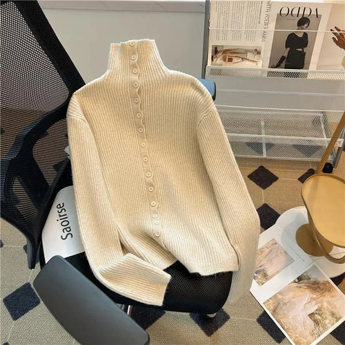 Load image into Gallery viewer, Women Beige Elegant Knitted Half High Neck Sweater Autumn Winter Pink Basic Slim Single Breasted Pullovers Tops Simplicity Retro
