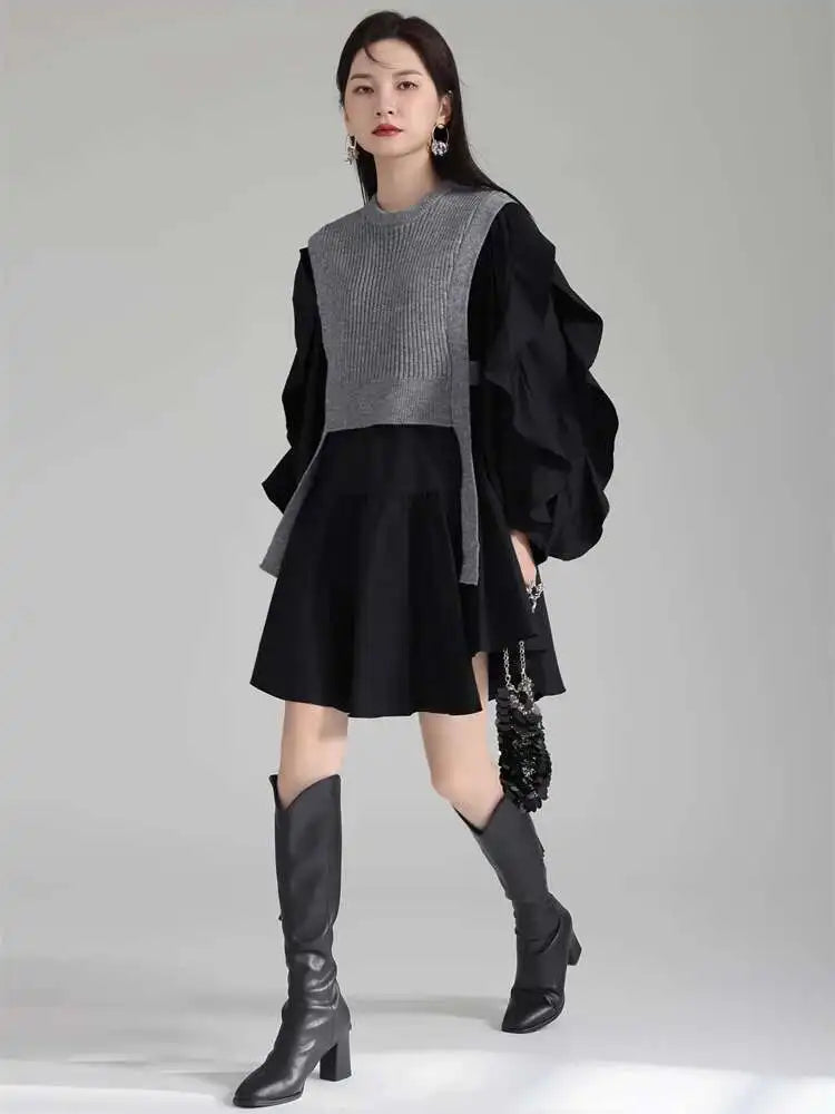 Women Black Knitting Color-block Ruffles Elegant Dress New Round Neck Long Sleeve Fashion Tide Spring Autumn 2025 1DH6758