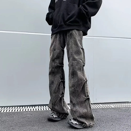 Load image into Gallery viewer, High Street Men&#39;s Denim Pants Pleated Design Solid Color Trousers Straight Wide Leg Loose Male Bottom Streetwear 9C9271
