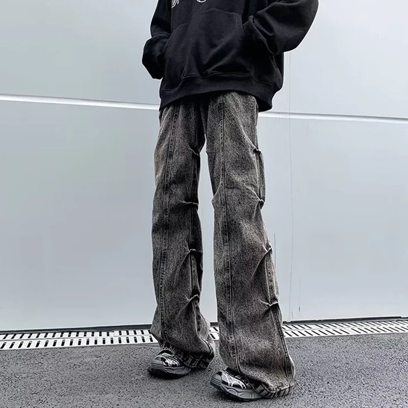 High Street Men's Denim Pants Pleated Design Solid Color Trousers Straight Wide Leg Loose Male Bottom Streetwear 9C9271