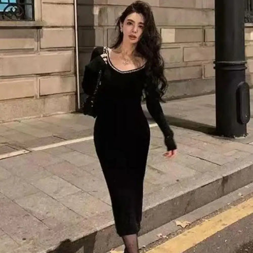 Load image into Gallery viewer, Korean Version Autumn Winter Black Diamond V Neck Elegant Wrap Hip Dress Vintage Women Long Sleeves Festival Knitted Dress 2024
