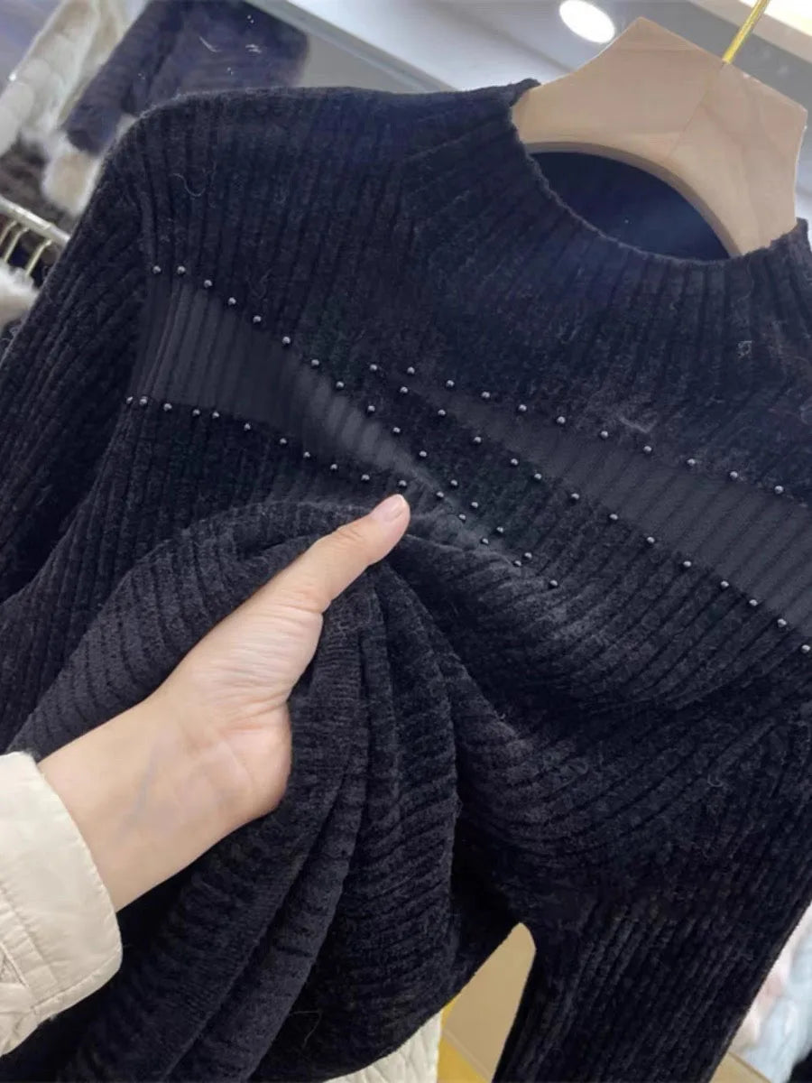 Autumn and Winter Slim-Fit Mesh Rhinestone Sweater for Woman High-Grade Mock Neck Sweater Knitted Inner Wear Top Female C-300