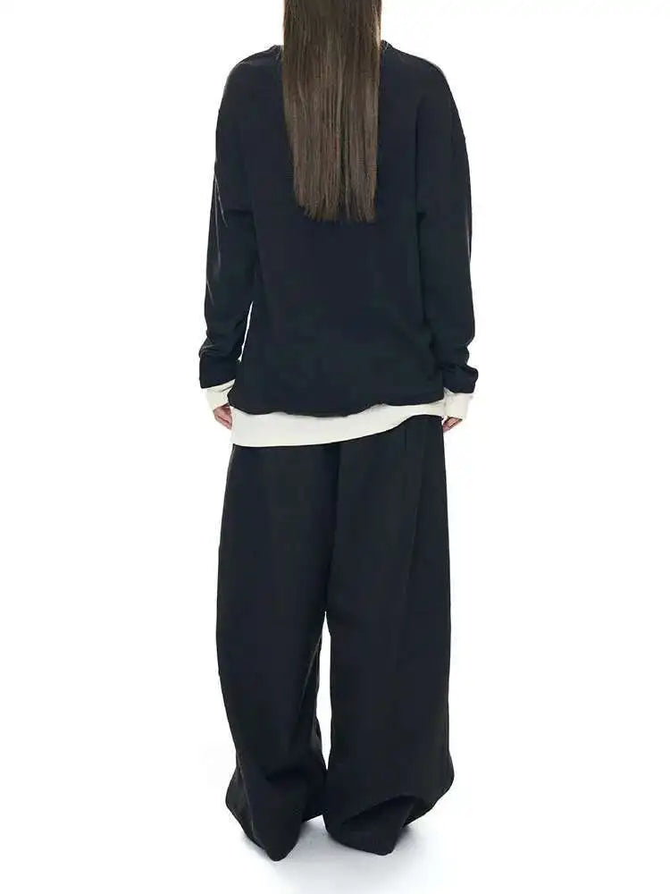 Women Black Hem Color-block Big Size Casual T-shirt New Round Neck Long Sleeve Fashion Tide Spring Autumn 2025 1DH8666