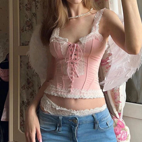 Load image into Gallery viewer, Sweet Pink French Chic Corset Top Women Coquette Clothes Fashion Lace Spliced Sexy Party Tops Tank Y2K Tie Up Korean
